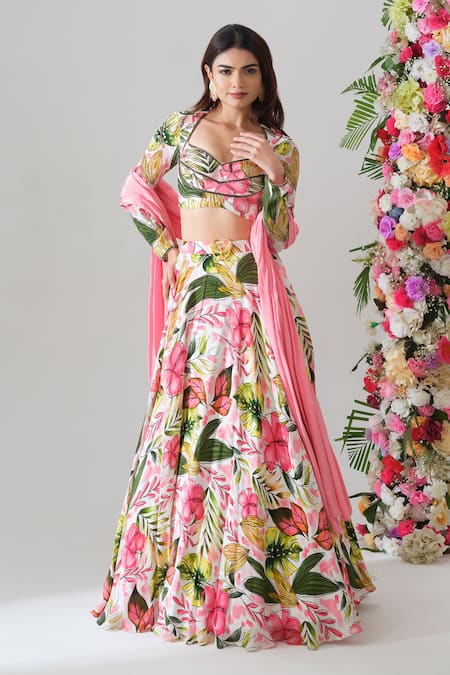 House Of Akshata Pink Crepe Embroidery Round Neck Tropical Bliss Floral Lehenga Set