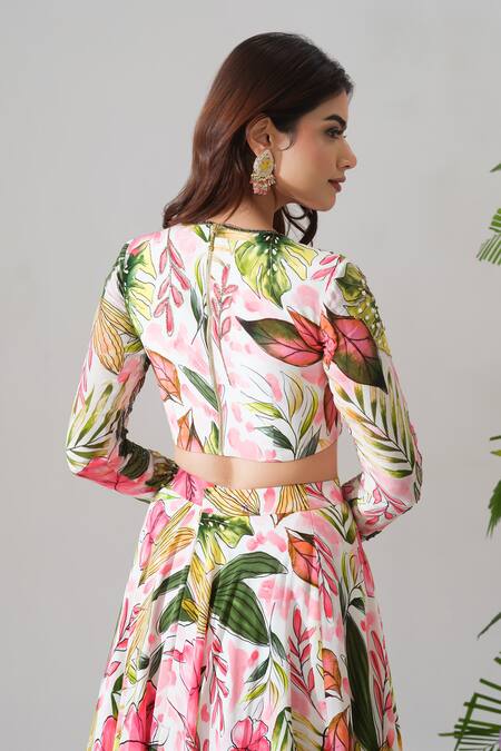 House Of Akshata_Pink Crepe Embroidery Round Neck Tropical Bliss Floral Lehenga Set _at_Aza_Fashions