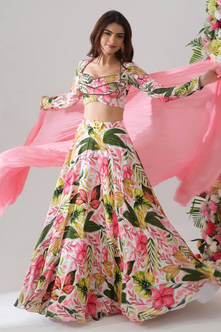 Buy_House Of Akshata_Pink Crepe Embroidery Round Neck Tropical Bliss Floral Lehenga Set 