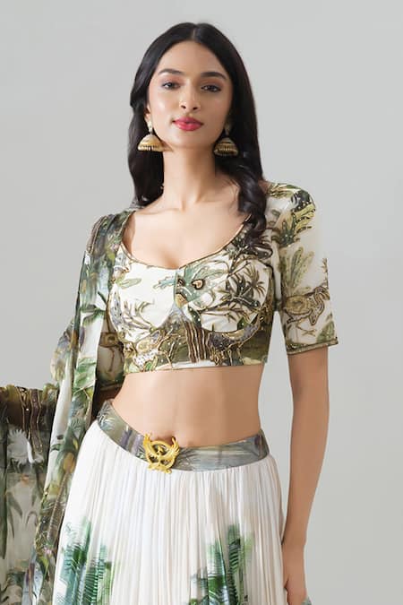 House Of Akshata_White Georgette, Organza Embroidery Round Neck Enchanted Forest Lehenga Set _Online_at_Aza_Fashions