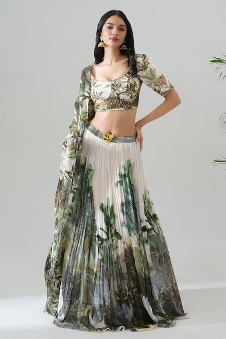 House Of Akshata White Georgette, Organza Embroidery Round Neck Enchanted Forest Lehenga Set 