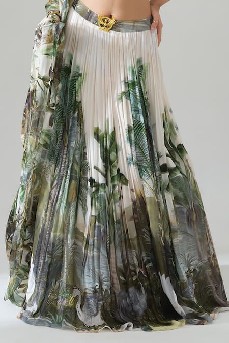 House Of Akshata_White Georgette, Organza Embroidery Round Neck Enchanted Forest Lehenga Set _at_Aza_Fashions