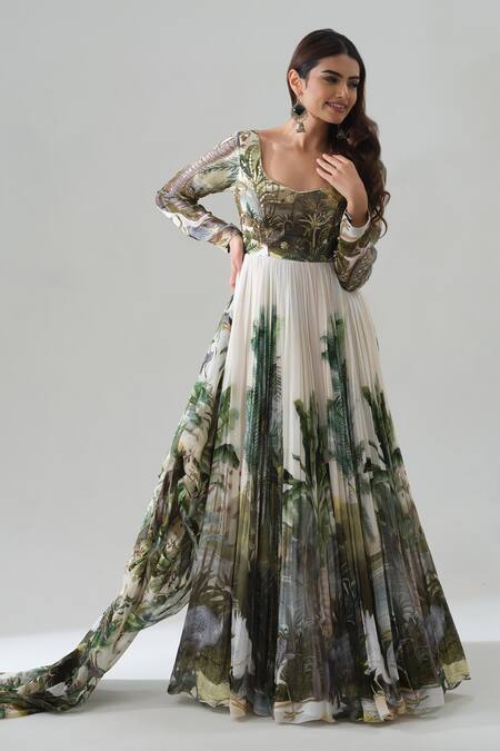 House Of Akshata_White Georgette, Organza Embroidery Square Neck Enchanted Forest Anarkali Set _Online_at_Aza_Fashions