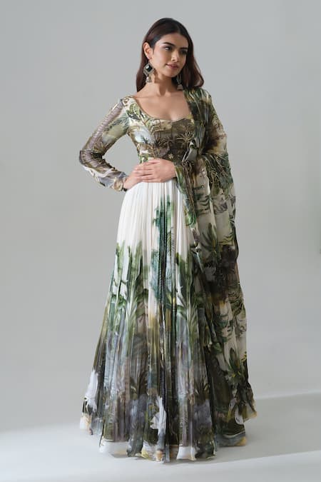 House Of Akshata White Georgette, Organza Embroidery Square Neck Enchanted Forest Anarkali Set 