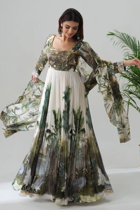 Buy_House Of Akshata_White Georgette, Organza Embroidery Square Neck Enchanted Forest Anarkali Set _Online_at_Aza_Fashions