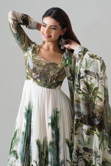 Shop_House Of Akshata_White Georgette, Organza Embroidery Square Neck Enchanted Forest Anarkali Set _Online_at_Aza_Fashions