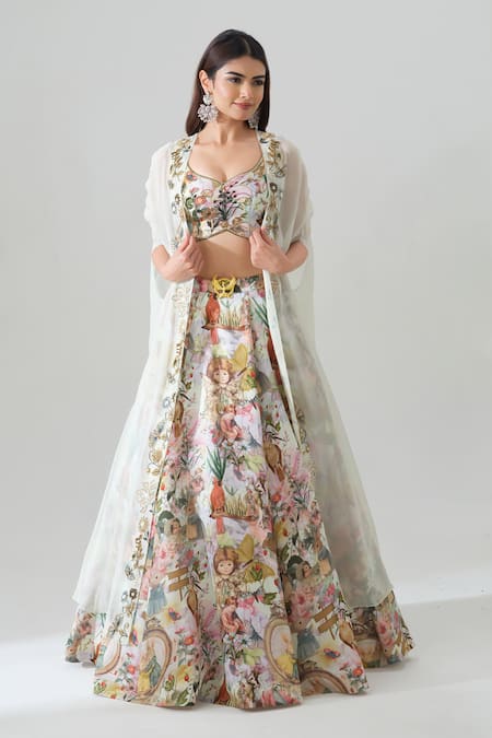 House Of Akshata_Multi Color Organza, Satin Embroidery Whimsical Vintage-inspired Lehenga Set _Online_at_Aza_Fashions