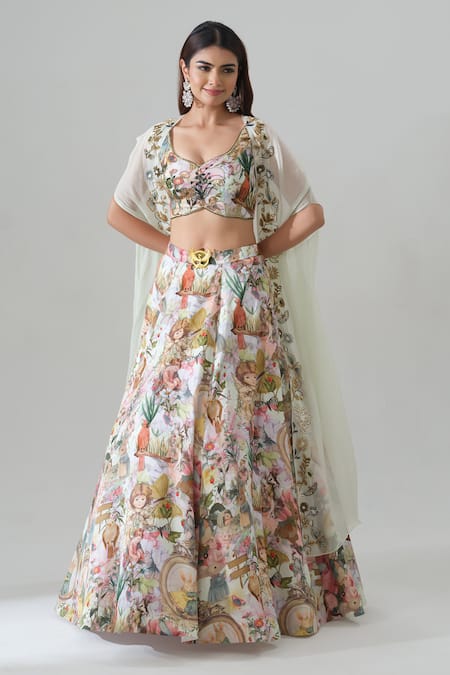 Buy_House Of Akshata_Multi Color Organza, Satin Embroidery Whimsical Vintage-inspired Lehenga Set _Online_at_Aza_Fashions