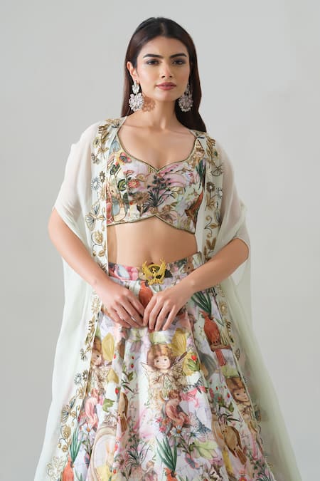House Of Akshata_Multi Color Organza, Satin Embroidery Whimsical Vintage-inspired Lehenga Set _at_Aza_Fashions