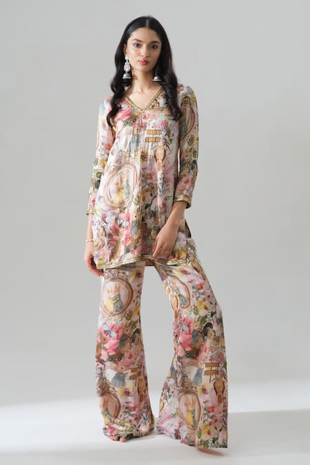 House Of Akshata Multi Color Organza, Satin Embroidery Vintage-inspired Multicolour Co-ord Set 