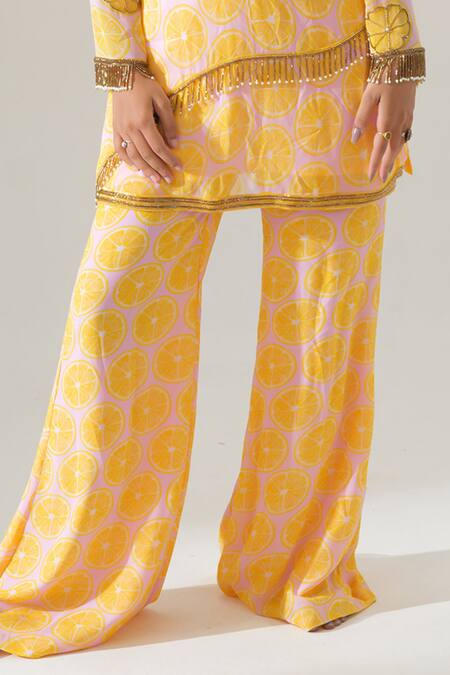 House Of Akshata_Yellow Georgette Embroidery V-neck Citrus Bliss Co-ord Set _Online_at_Aza_Fashions