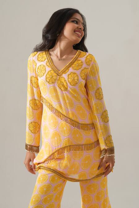Buy_House Of Akshata_Yellow Georgette Embroidery V-neck Citrus Bliss Co-ord Set _Online_at_Aza_Fashions