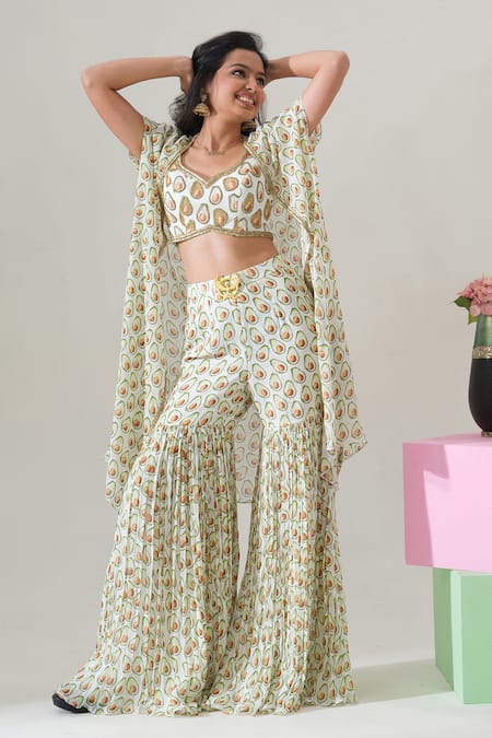 House Of Akshata_White Georgette Embroidery Open , Round Avocado Bliss Co-ord Set _at_Aza_Fashions