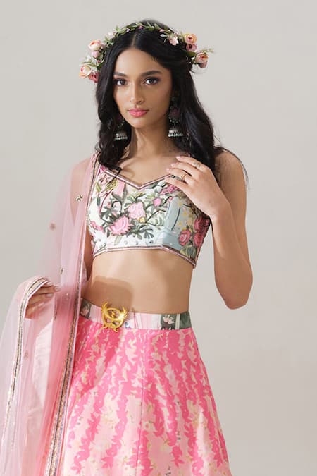 House Of Akshata_Pink Crepe, Net Embroidery Round Neck Blush Garden Lehenga Set _Online_at_Aza_Fashions