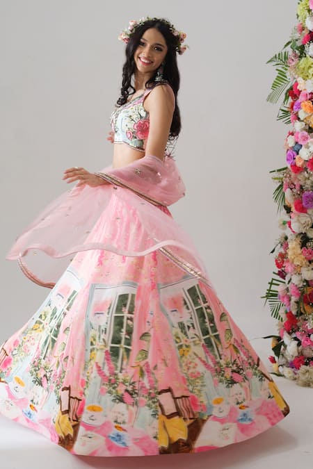 Shop_House Of Akshata_Pink Crepe, Net Embroidery Round Neck Blush Garden Lehenga Set _Online_at_Aza_Fashions