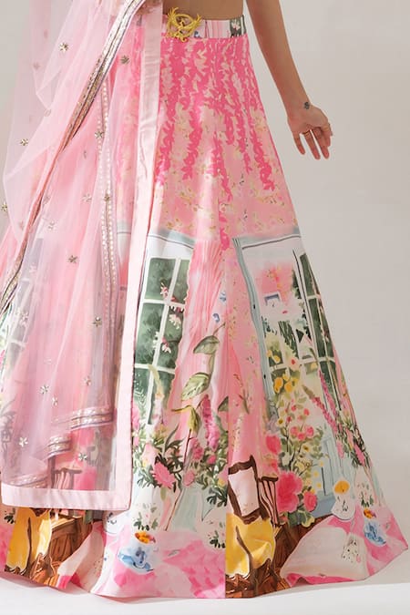 House Of Akshata_Pink Crepe, Net Embroidery Round Neck Blush Garden Lehenga Set _at_Aza_Fashions