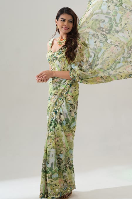 House Of Akshata Green Chinon Embroidery Round Neck Hand Saree Set Online at Aza Fashions House Of Akshata_Green Chinon Embroidery Round Neck Hand Saree Set _Online_at_Aza_Fashions