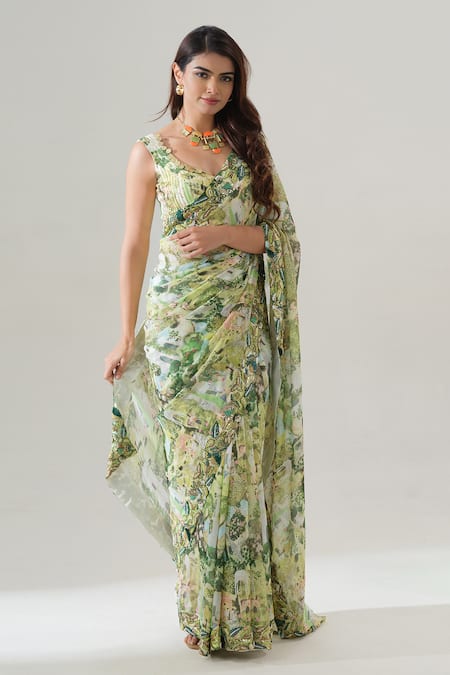 House Of Akshata Hand Embroidered Green Saree Set 