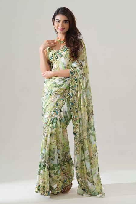 House Of Akshata Green Chinon Embroidery Round Neck Hand Saree Set 