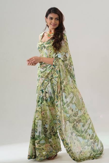 Shop House Of Akshata Green Chinon Embroidery Round Neck Hand Saree Set Online at Aza Fashions Shop_House Of Akshata_Green Chinon Embroidery Round Neck Hand Saree Set _Online_at_Aza_Fashions