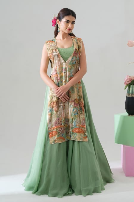Buy_House Of Akshata_Green Organza, Satin Embroidery Round Neck Sage Serenity Lehenga Set _Online_at_Aza_Fashions