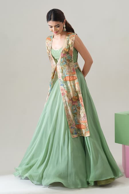 Shop_House Of Akshata_Green Organza, Satin Embroidery Round Neck Sage Serenity Lehenga Set _Online_at_Aza_Fashions