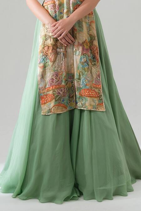 House Of Akshata_Green Organza, Satin Embroidery Round Neck Sage Serenity Lehenga Set _at_Aza_Fashions