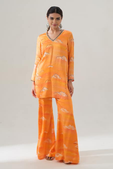 House Of Akshata Orange Bemberg, Satin Embroidery V-neck Sunset Glow Co-ord Set 