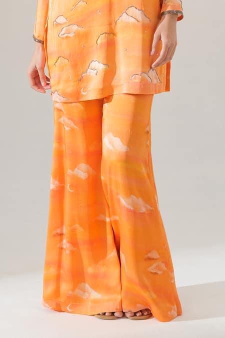 House Of Akshata Orange Bemberg, Satin Embroidery V-neck Sunset Glow Co-ord Set Online at Aza Fashions House Of Akshata_Orange Bemberg, Satin Embroidery V-neck Sunset Glow Co-ord Set _Online_at_Aza_Fashions
