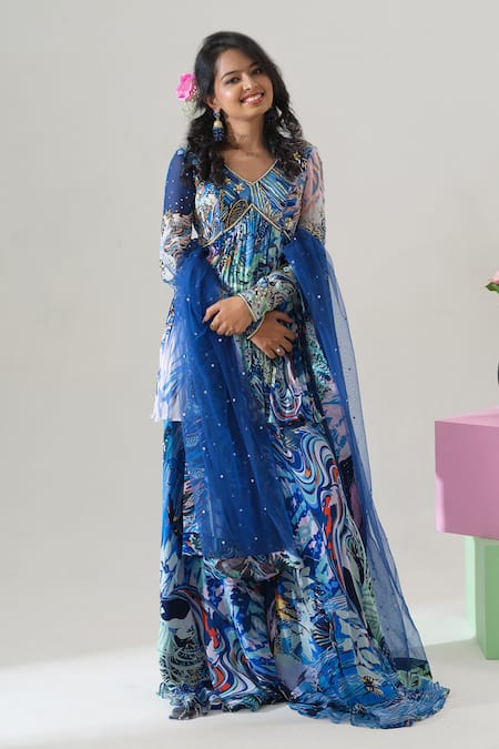 House Of Akshata_Blue Georgette, Net Embroidery, Sequins Round Neck Midnight Bloom Peplum Set _Online_at_Aza_Fashions