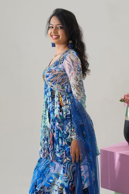 Buy_House Of Akshata_Blue Georgette, Net Embroidery, Sequins Round Neck Midnight Bloom Peplum Set _Online_at_Aza_Fashions