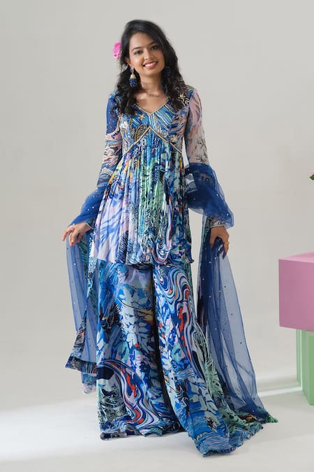 Shop_House Of Akshata_Blue Georgette, Net Embroidery, Sequins Round Neck Midnight Bloom Peplum Set _Online_at_Aza_Fashions