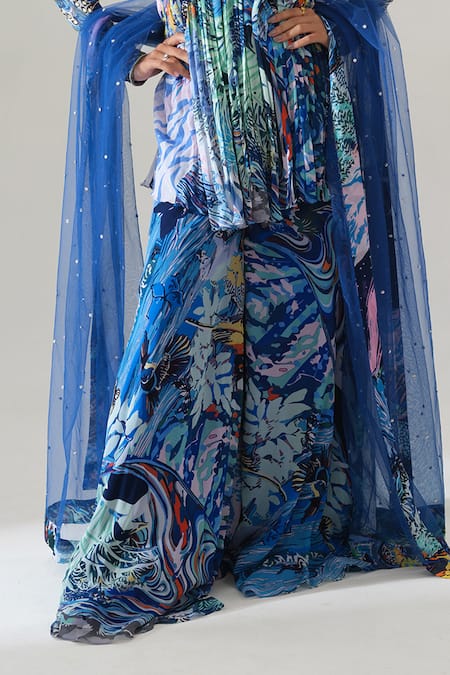 Buy_House Of Akshata_Blue Georgette, Net Embroidery, Sequins Round Neck Midnight Bloom Peplum Set 