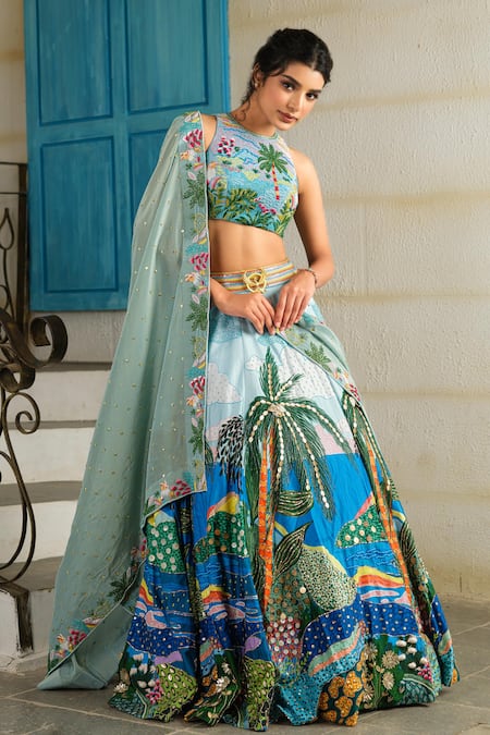 House Of Akshata Sky Blue Crepe, Tissue Embroidery Round Neck Beach Print Embellished Lehenga Set 