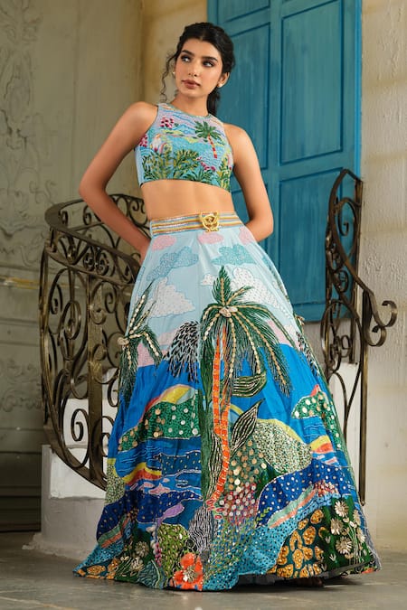 Buy_House Of Akshata_Sky Blue Crepe, Tissue Embroidery Round Neck Beach Print Embellished Lehenga Set _Online_at_Aza_Fashions