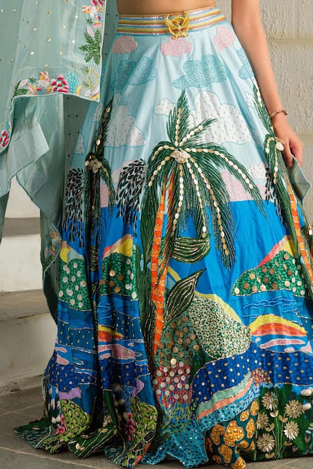 Shop_House Of Akshata_Sky Blue Crepe, Tissue Embroidery Round Neck Beach Print Embellished Lehenga Set _Online_at_Aza_Fashions