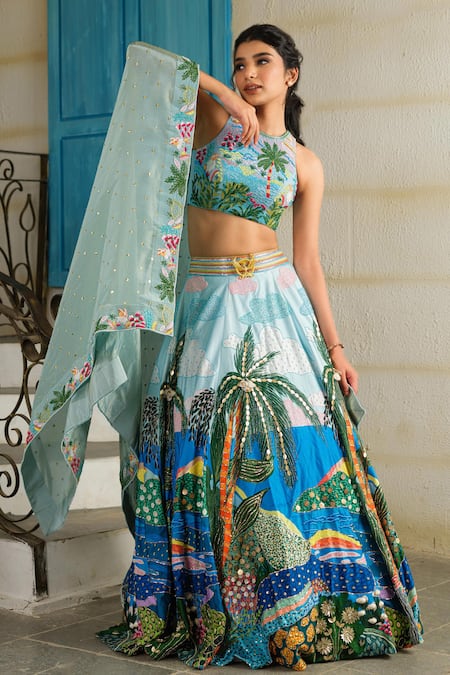 House Of Akshata Beach Print Embellished Lehenga Set 