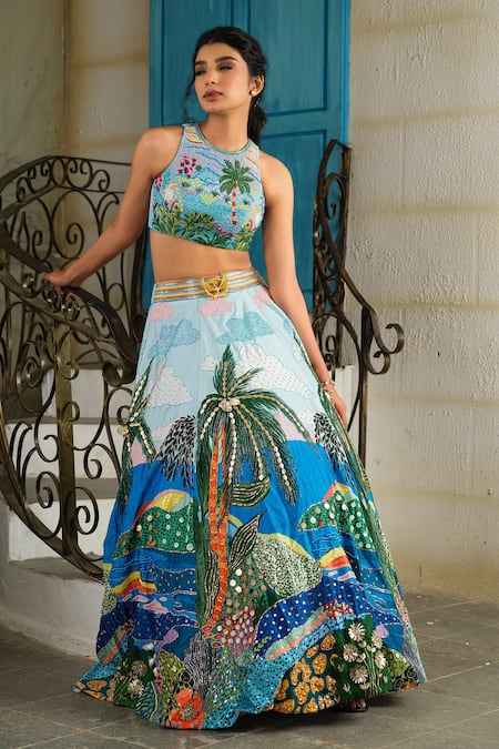 House Of Akshata_Sky Blue Crepe, Tissue Embroidery Round Neck Beach Print Embellished Lehenga Set _at_Aza_Fashions