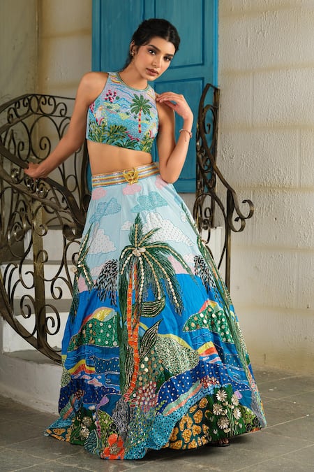 Buy_House Of Akshata_Sky Blue Crepe, Tissue Embroidery Round Neck Beach Print Embellished Lehenga Set 