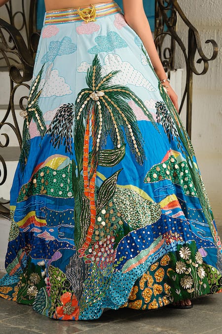 Shop_House Of Akshata_Sky Blue Crepe, Tissue Embroidery Round Neck Beach Print Embellished Lehenga Set 