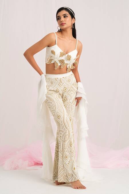 Shop_House Of Akshata_White Georgette, Organza Beads, Embroidery Scoop Neck Embellished Co-ord Set _Online_at_Aza_Fashions