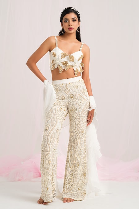 House Of Akshata White Georgette, Organza Beads, Embroidery Scoop Neck Embellished Co-ord Set 