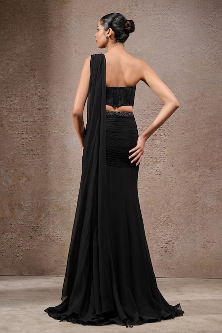 Tarun Tahiliani Black-Multi Designer Concept Saree & Corset Set 