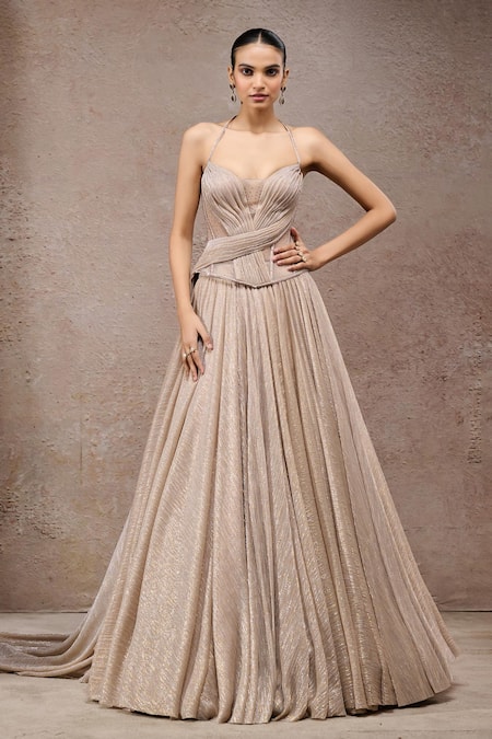 Tarun Tahiliani Beige Net Sequins Sweetheart Neck Champagne Crinkle Corset And Trouser Set 