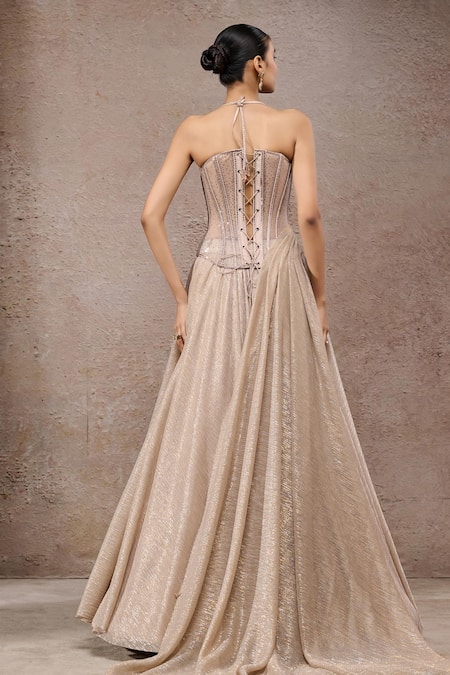 Tarun Tahiliani Champagne Beige Crinkle Net Corset & Trouser Set 