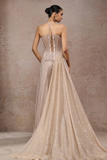 Tarun Tahiliani_Beige Net Sequins Sweetheart Neck Champagne Crinkle Corset And Trouser Set _at_Aza_Fashions