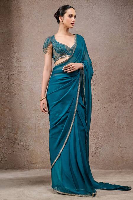 Buy_Tarun Tahiliani_Teal Tulle, Net, Chiffon Beads, Sequins Round Green Designer Saree And Blouse Set _Online_at_Aza_Fashions