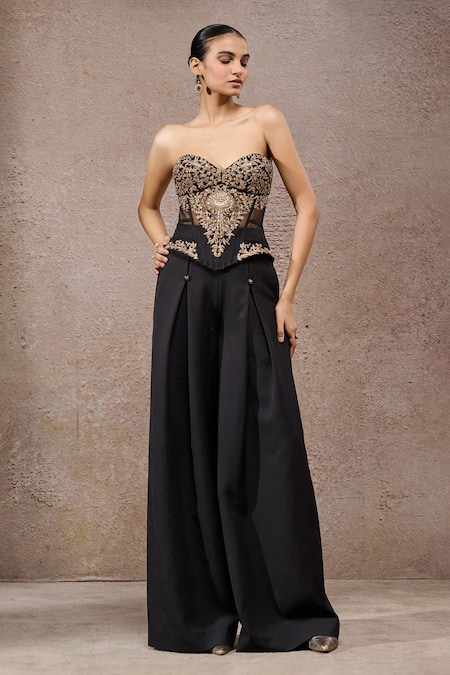 Tarun Tahiliani Black Tulle, Net, Crepe Embroidery Black-gold Designer Corset And Trouser Set 