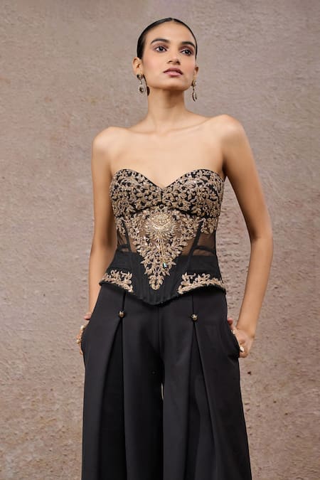 Tarun Tahiliani_Black Tulle, Net, Crepe Embroidery Black-gold Designer Corset And Trouser Set _Online_at_Aza_Fashions