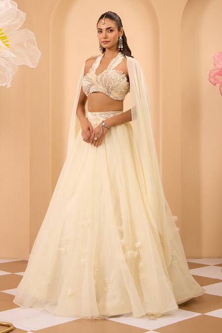One Knot One By Ashna_Ivory Organza Embroidery, Sequins Halter Neck Lehenga Set _at_Aza_Fashions